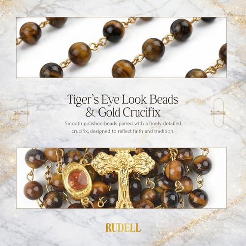 RUDELL Rosary Beads Catholic for Women - Rosary Necklace for Women with Pearl Beads - Medal Cross Saint Benedict Rosary for Men - Prayer Rosarios Catolicos Jewelry Gift - color: Tiger's eye