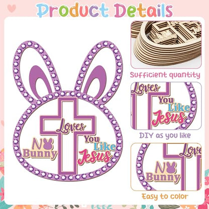 BeYumi Easter Wooden Ornament Craft - 20Pcs NO BUNNY LOVE YOU LIKE A JESUS DIY Wooden Easter Ornaments Craft Kit for Kids Make Your Own Christian Religious Bunny with Gem Sticker Church Party Supplies - style: Bunny