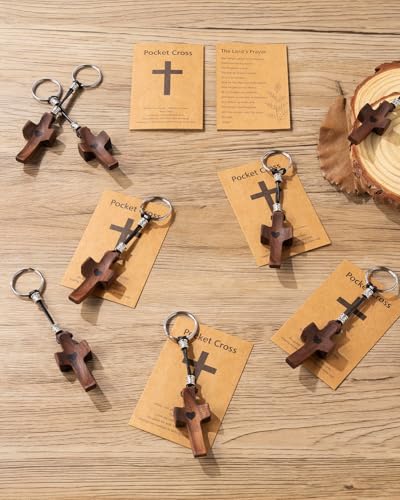 10pcs Pocket Wooden Cross Fidget: Small Wood Crosses Keychain in Bulk with Organza Bags Prayer Card - Stress Relief Cross My Heart for Christian Religious Easter Day Gifts