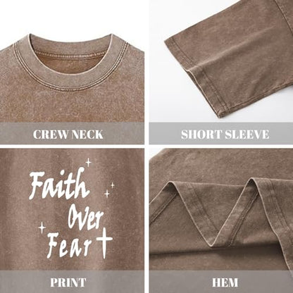 Christian Shirts for Men Faith Over Fear Acid Wash Tshirts Faith Religious Tees God Bible Verse Inspirational Tops - color: Coffee, size: Small