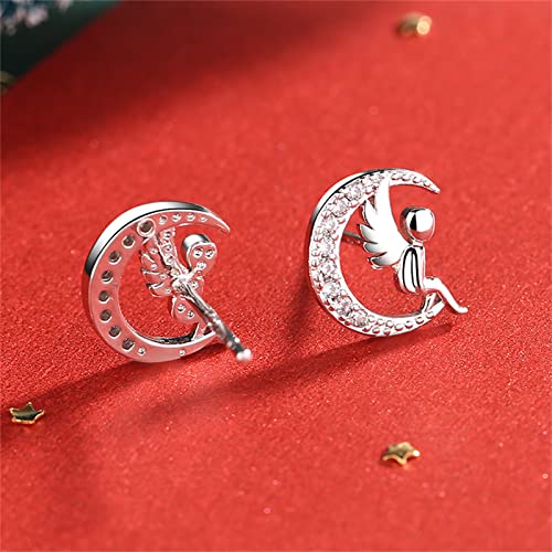 Silver Angel Wing Earrings for Women, Cute Moon Studs