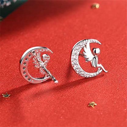 Silver Angel Wing Earrings for Women, Cute Moon Studs