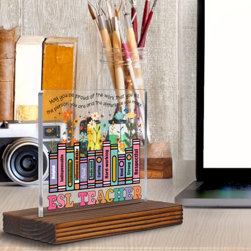 ESL Teacher Gift for Appreciation Week or End of School Year, Inspirational Book Stack Desk Sign with Positive Traits, Thank You Plaque for ELL Classroom or Office Decor EC304 - style: ESL Teacher Gift
