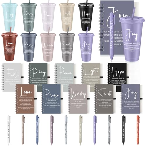 Potchen 30 Pcs Christian Gifts Bulk Bible Verse 24 oz Plastic Cups Spiral Notebooks Ballpoint Pens, Religious Gifts for Women Men Church Prayer (Classic Style)