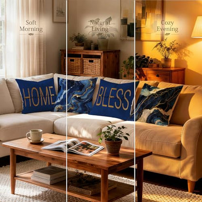 OBSEDE Blue Gold Marble Home Bless Throw Pillow Covers 18x18 in Set of 4 - color: Blue Marble With Faith Quotes, size: 18" x 18" (Pack of 4)