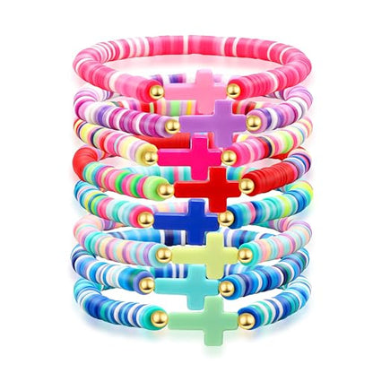 Artlunar Cross Bracelet for Men Women Beaded Clay Elastic Stackable Stretch Bracelets Christian Jewelry Gifts