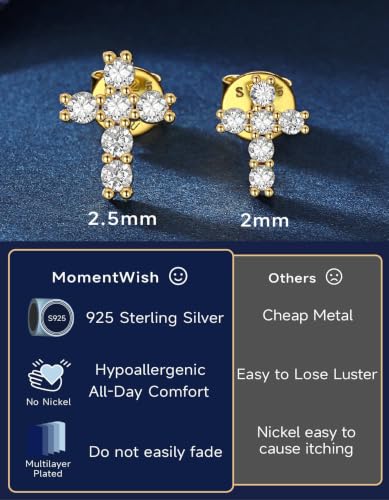 MomentWish Moissanite Cross Earrings for Men Women - color: 02 14K Gold, size: 2mm Stones