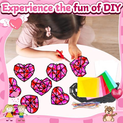32 Sets Heart Suncatchers Craft Kit for Valentine's Day DIY Window Stained Glass Paper Pink Love Home School Classroom Decor Valentines Art Craft Creative Activity Project Kid Christmas Gift Favor - style: Valentines