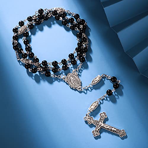 Rnivida Catholic 6MM Beads Rosary Necklace with Jesus Crucifix - color: Black