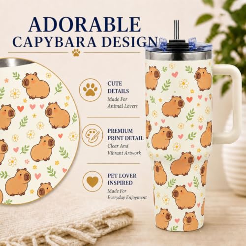 Capybara Tumbler 40 oz with Handle, Cute Capybara Gifts for Women Girls, Insulated Stainless Steel Cup with Straw, Funny Animal Lover Gift for Capybara Fans - color: Capybara1