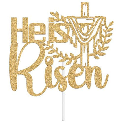 He is Risen Cake Topper, Jesus Easter Cake Décor, Religious Cross Cake Decoration, Spring Easter Party Decorations Supplies, Gold Glitter