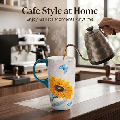 Topadorn 17oz Ceramic Travel Mug with Lid, Blue Daisy Floral Mug - color: Yellow Flower