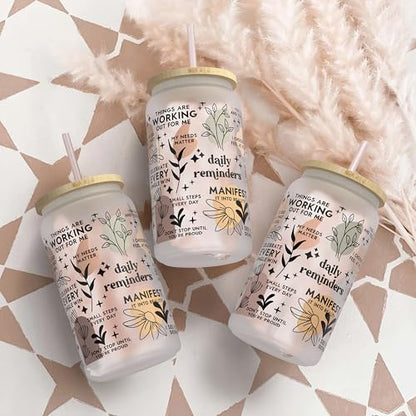 Daily Affirmation Iced Coffee Cup [Frosted], 16 oz Glass Cups with Bamboo Lids and Straws |Mason Jar Drinking & Glass Tumbler with Straw and Lid | Boba Cup, Beer Can for Mental Health - color: Clear