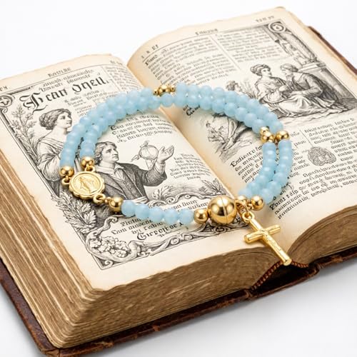 Cross Rosary Bracelet for Women Handcrafted Crystal Virgin Mary Cross Beaded Bracelets Christian Faith Link Bracelets Crucifix Religious Christian Faith Jewelry - color: Blue