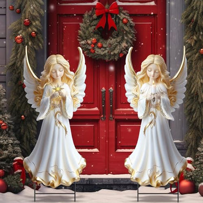 Moxweyeni 2 Pcs Christmas Yard Sign Outdoor Metal Angel Stakes Decoration - style: Star and Candle Angels