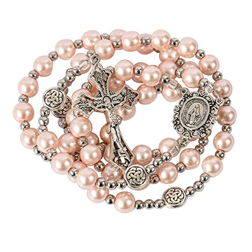 Nazareth Store Pearl Beads Rosary Miraculous Prayer Necklace Strong Metal Mystery Beaded Rosary for Men & Women - color: Pink