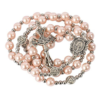 Nazareth Store Pearl Beads Rosary Miraculous Prayer Necklace Strong Metal Mystery Beaded Rosary for Men & Women - color: Pink