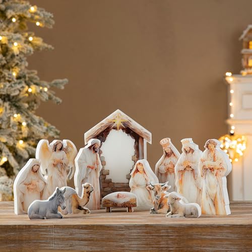Glitzhome Nativity Scene Set Indoor 8.5",13 Pieces Wooden & Epoxy Resin Nativity Sets & Figures Tabletop Scenes, Nativity Figurines Set for Christmas Indoor Decor with Arch Christian Holy Family - color: Colorful Nativity Figurine