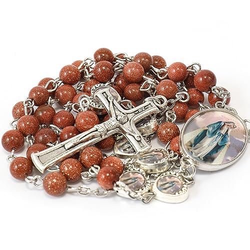 Nazareth Store Natural Stone Beads with Miraculous Epoxy Heart Metal Beads Rosary Necklace Gemstone Christian Gifts - color: Sandstones