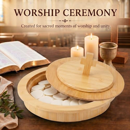 Zhehao 1 Pcs Wood Communion Bread Plate for Church Holy Communion Wafer Tray with Lid Elegant Worship Serving Plate for Church Service Ceremony (Bamboo Style) - style: Bamboo Style