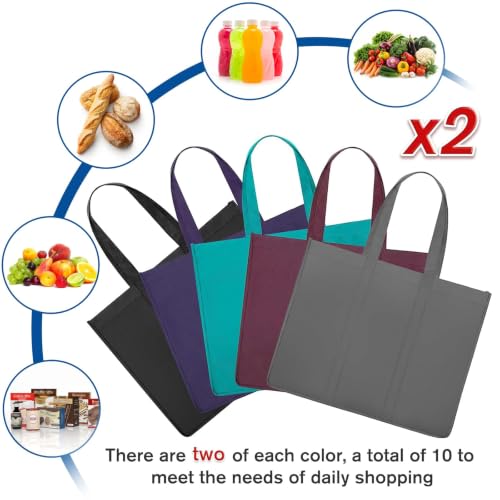 Reusable Grocery Shopping Bags 10 Pack Large Foldable Tote Bags Bulk - color: Black Dark Grey Purple Green Dark Purple