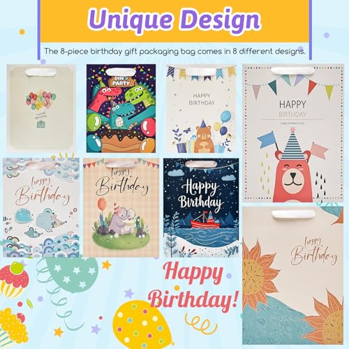 8 Pack Happy Birthday Gift Bags with Handles Tissue Paper Assorted Sizes