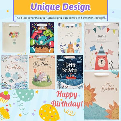 8 Pack Happy Birthday Gift Bags with Handles Tissue Paper Assorted Sizes
