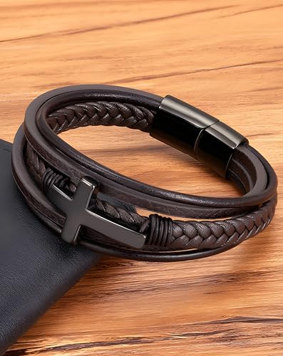 Cross Leather Bracelet for Men, Multi-Layer Braided Mens Religious Cuff Bracelets with Stainless Steel Clasp Anniversary Father's Day Birthday Christmas Jewelry Gifts for Him - color: Gold Clasp & Brown Leather