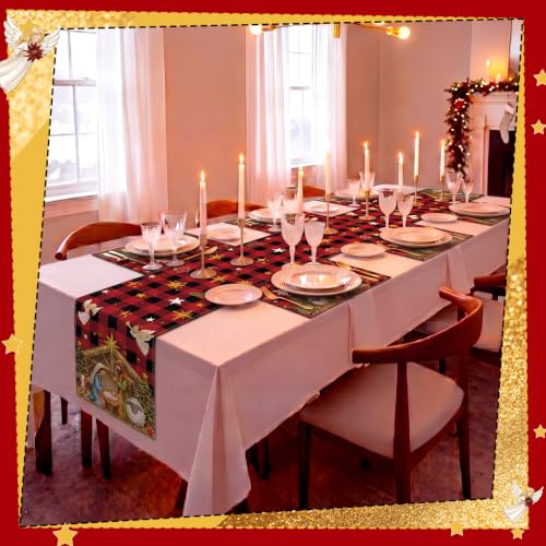 Patelai 7 Pcs Christmas Nativity Table Runner and Placemats Set, Serve 6 - color: Red Yellow, style: Nativity