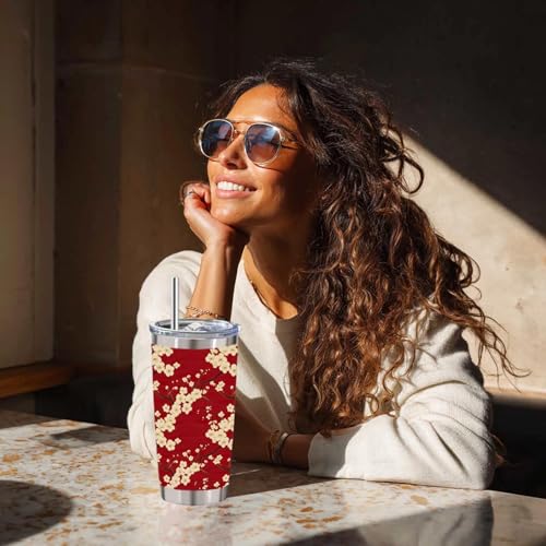 Red Cherry Blossom Tumbler 20 oz, Sakura Floral Insulated Stainless Steel Cup with Lid and Straw, Cream Botanical Travel Coffee Mug, Gifts for Women Mom, Flower Lovers - color: Asian Floral