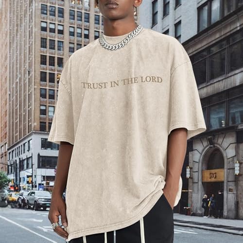 Wrenpies Mens Oversized Christian Shirts God Faith Jesus Religious Tshirts Trust in The Lord Bible Verse Tees Acid Wash Tops - color: Apricot, size: Medium