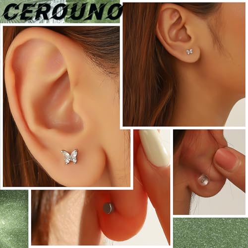 CEROUNO Flat Back Stud Earrings - 925 Sterling Silver Post Flatback Earrings Gold Silver Cubic Zirconia Earrings Studs for Women - color: Silver Butterfly