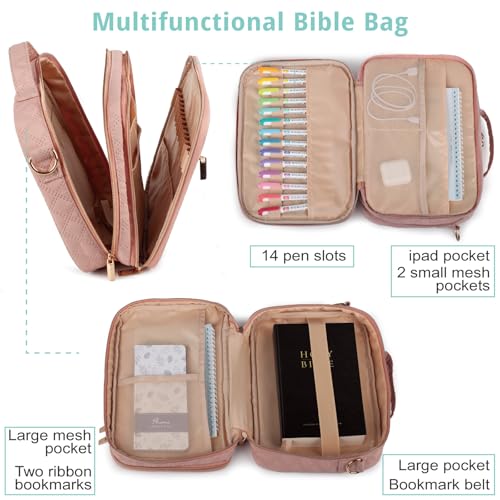 Large Bible Cover for Women,2 Compartments Bible Bag for Church - color: 2 Lays,Pink