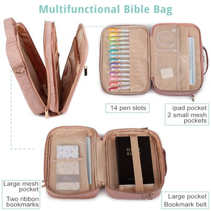 Large Bible Cover for Women,2 Compartments Bible Bag for Church - color: 2 Lays,Pink