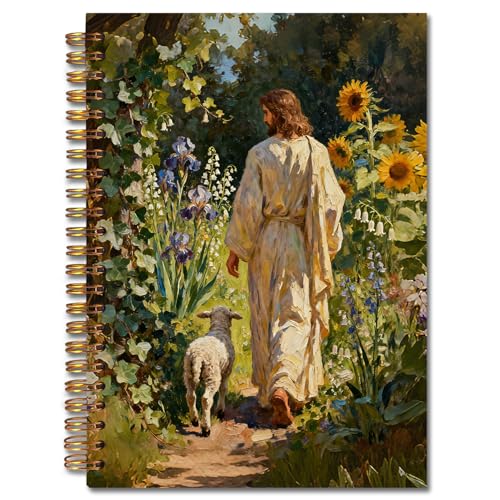 Exqcom Jesus and Lamb Christian Spiral Notebook, Jesus Leaves the 99 Sheep Prayer Bible Journal Gifts for Women, Wildflower Religious Hardcover Notebook Journal Office School Supplies, 5.5x8.3 - color: white Bible Notebook-T