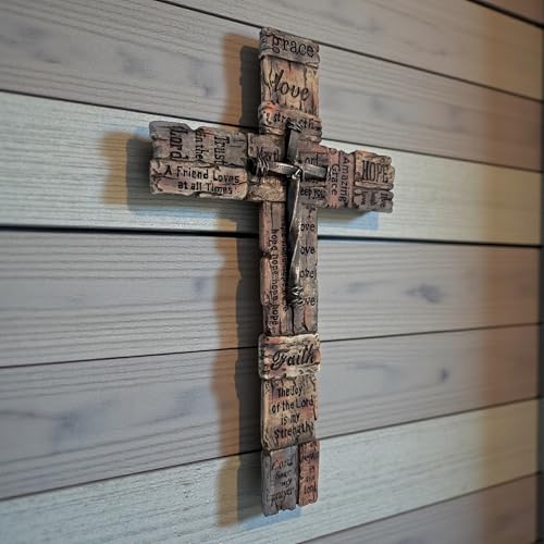Top Brass Inspirational Rustic Wood-Look Wall Cross with Faux Iron Center – Resin Scripture Cross - Religious Sayings Jesus Art Sculpture