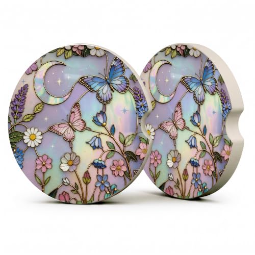 Butterflies Stained Glass Car Coasters, Dreamy Moom Floral Cup Holders, 24 - color: Butterflies Stained Glass