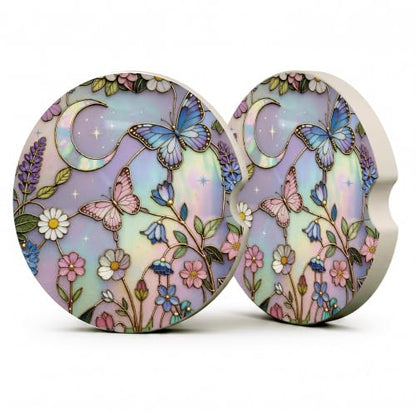 Butterflies Stained Glass Car Coasters, Dreamy Moom Floral Cup Holders, 24 - color: Butterflies Stained Glass