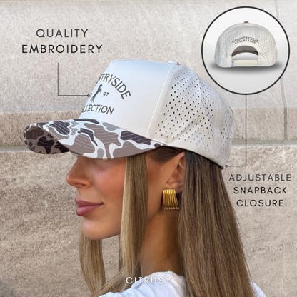 CITRUSY Athletic Trucker Golf Hat | Performance Mens 5 Panel Cap | Cool Breathable Waterproof Workout Running Snapback - color: Countryside Collection | Duck Camo