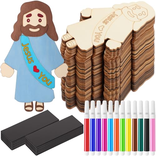 Blueweenly 24 Sets Sunday School Craft Wood Jesus Magnet Kit for DIY