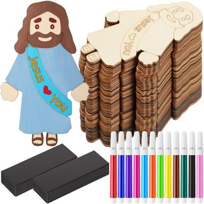 Blueweenly 24 Sets Sunday School Craft Wood Jesus Magnet Kit for DIY