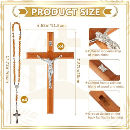 Leinuosen 4 Set Handmade Crucifix Wall Cross and Wooden Rosary Beads Jesus Cross Hanging Wood Rosary for Home Wall Pectoral Pendant Necklace Gifts Decor 7.87 Inch
