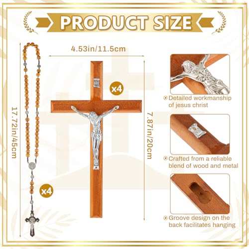 Leinuosen 4 Set Handmade Crucifix Wall Cross and Wooden Rosary Beads Jesus Cross Hanging Wood Rosary for Home Wall Pectoral Pendant Necklace Gifts Decor 7.87 Inch