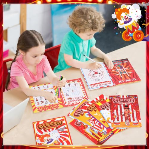 Kosiz 24 Pack Circus Activity Books for Kids Party Favors, 6.8 x 4.8 Inch Game Booklets with 8 Cover Styles, Double Sided Pages, Dot to Dot Crossword Games for Carnival Goodie Bags - style: Circus