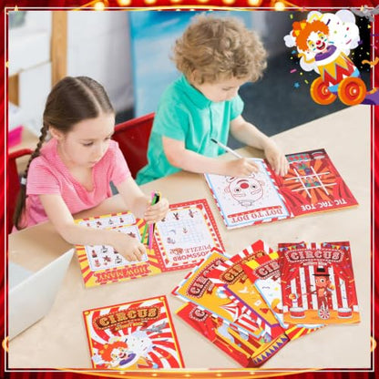 Kosiz 24 Pack Circus Activity Books for Kids Party Favors, 6.8 x 4.8 Inch Game Booklets with 8 Cover Styles, Double Sided Pages, Dot to Dot Crossword Games for Carnival Goodie Bags - style: Circus