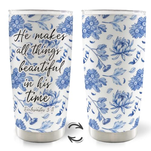 Blue Floral Christian Bible Verse 20oz Travel Coffee Mug Tumbler - color: makes