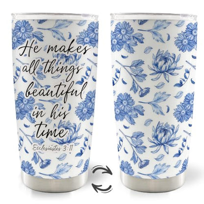 Blue Floral Christian Bible Verse 20oz Travel Coffee Mug Tumbler - color: makes