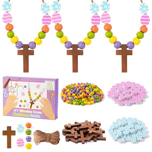 BeYumi Easter Cross Necklace Craft - 24Pcs Easter Christian Wooden Cross Eggs Beads Necklace Craft Kit for Kids DIY Gift Religious Jesus Eggs Decor Sunday School Classroom Church Party Fun Activities - style: Easter Egg