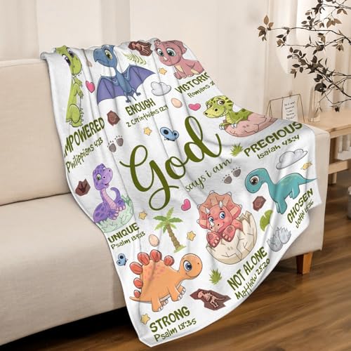 Dinosaur Christian Gift Blanket, God Says I Am Bible Verse Throw 40"x50" - color: Bible-dinosaur, size: 40"x50"