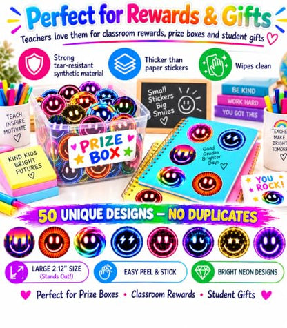 50 Neon Smiley Face Stickers, 2 Inch Waterproof Pack for Water Bottles - color: Neon